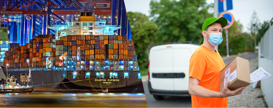 a ship with containers and a man delivering a package to a home