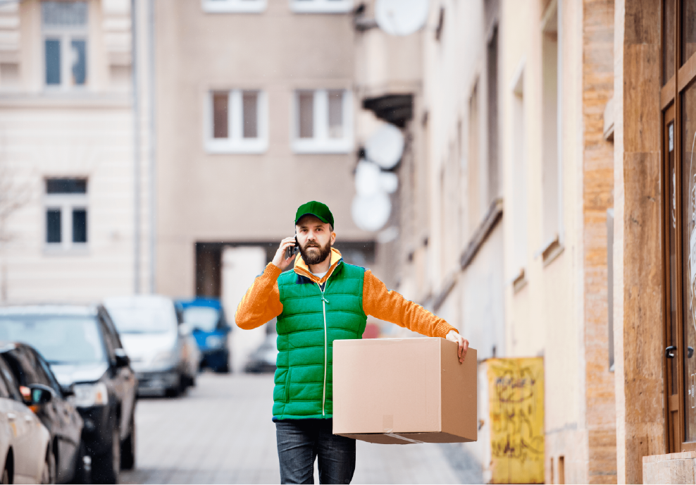 A delivery man walking through the street with a box